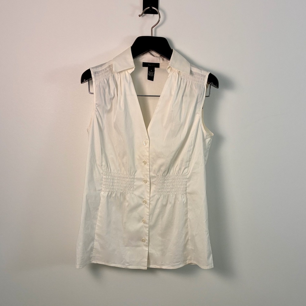 Alfani Womens White Sleeveless Smocked Waist Button Down Blouse Size 4‎